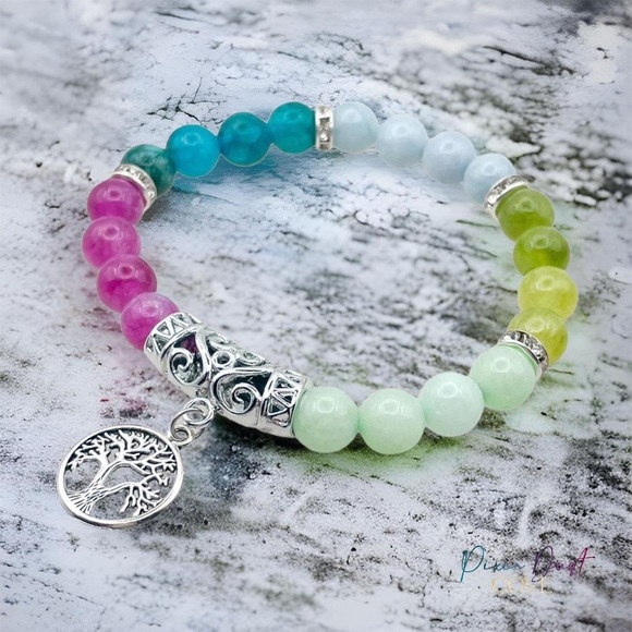 Tree of Life Chalcedony Crystal Bead Stretch Bracelet - Picture 2 of 5